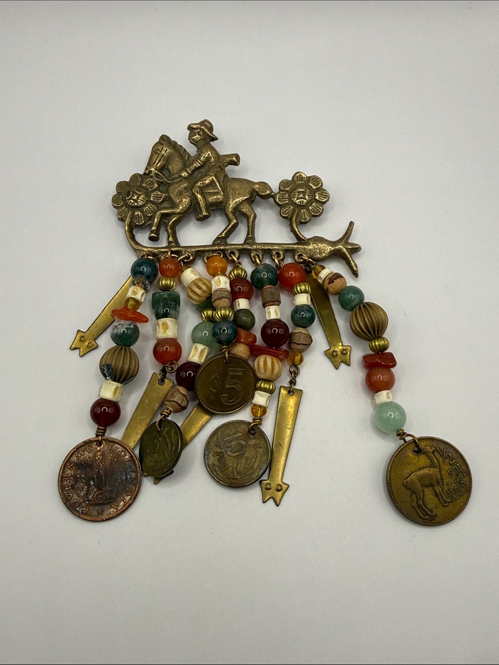 Vintage Gold Tone Beaded Multicolored Large Brooch Pin